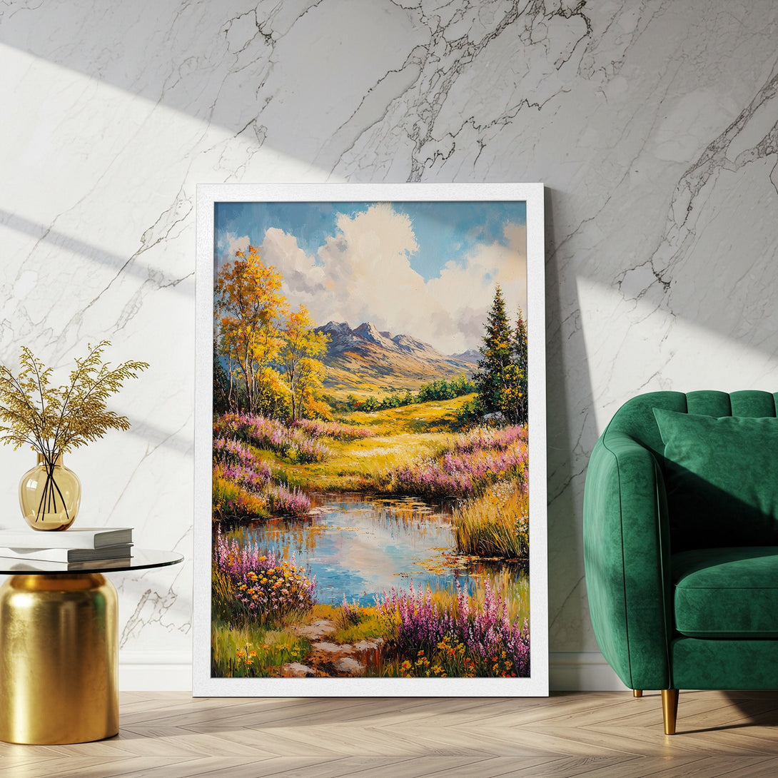 Framed Poster featuring a vibrant landscape painting with a pond and mountains, in a warm, colorful palette. Perfect wall art!