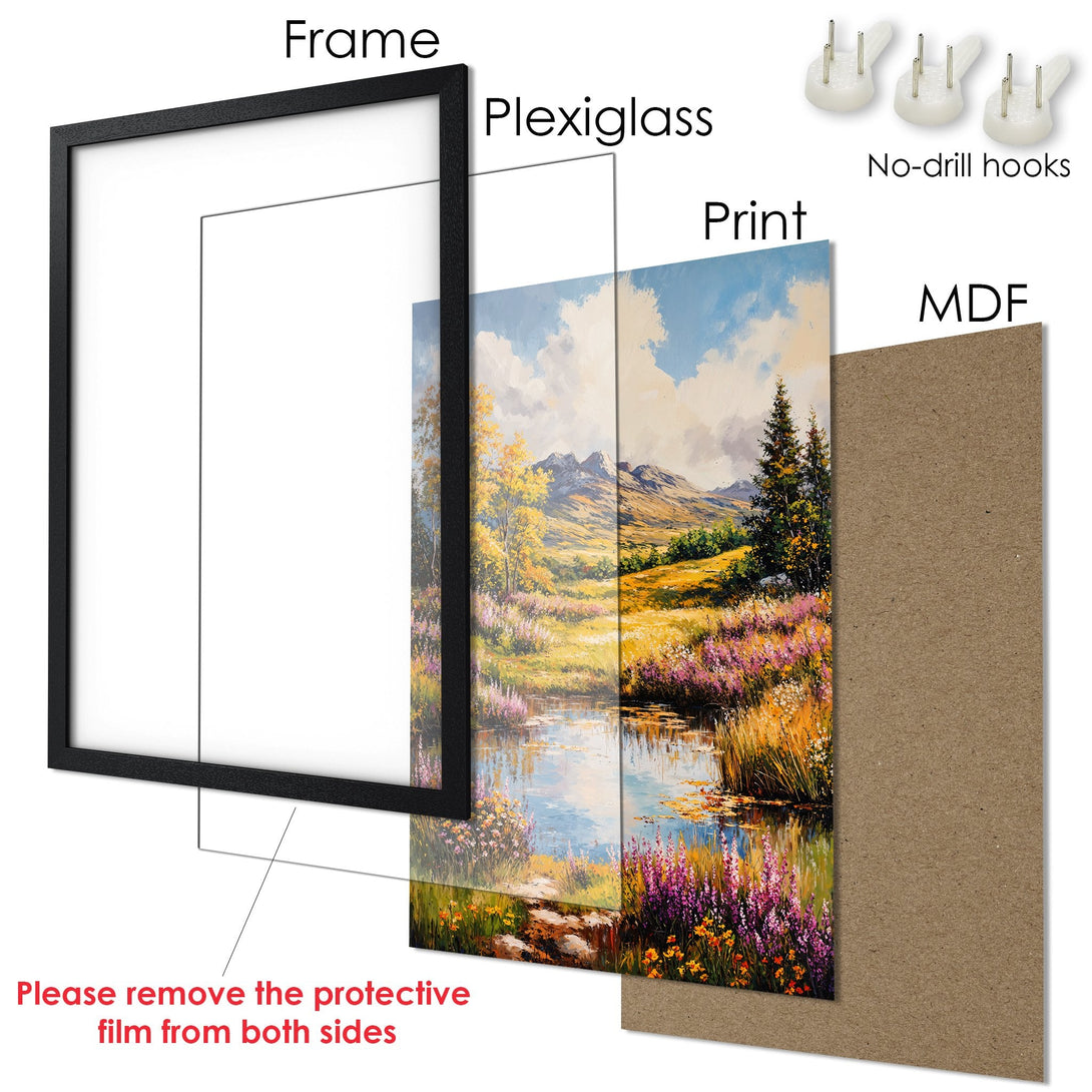 Framed Poster: Landscape art print with vibrant colors and a black frame. Perfect wall decor!