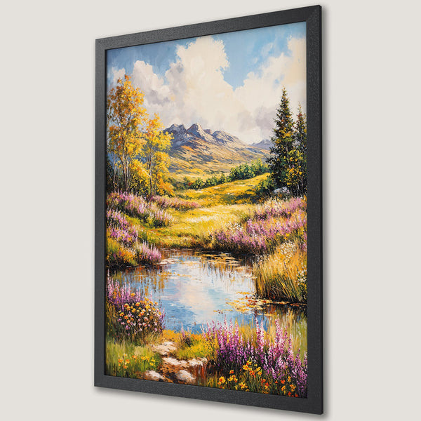 Framed Poster of a serene landscape painting with a pond, mountains, and vibrant colors. Perfect wall art for any room.