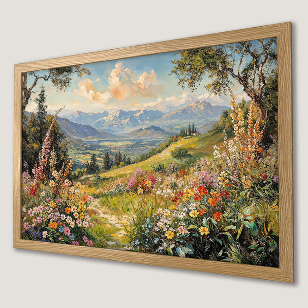 Framed Poster of a vibrant landscape painting with colorful wildflowers, mountains, and a warm color palette. Perfect wall art!