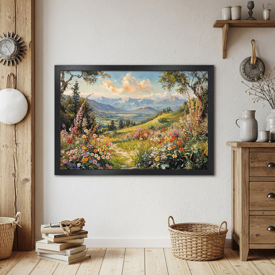 Framed Poster of a vibrant mountain landscape painting. Features a colorful palette of greens, blues, and floral accents. Perfect wall art for any home.