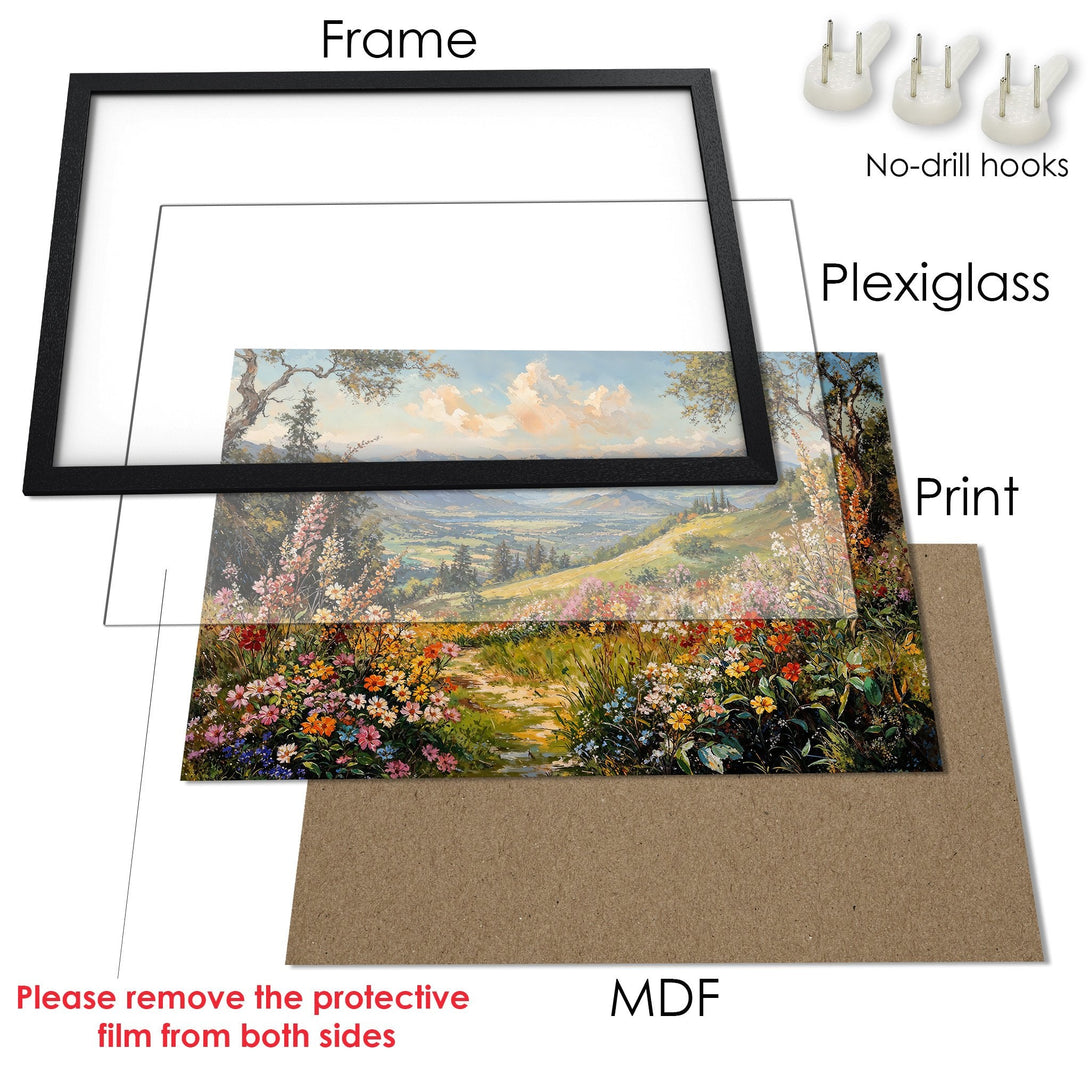 Framed Poster of a vibrant landscape painting, featuring a colorful floral foreground. Warm, natural color palette.
