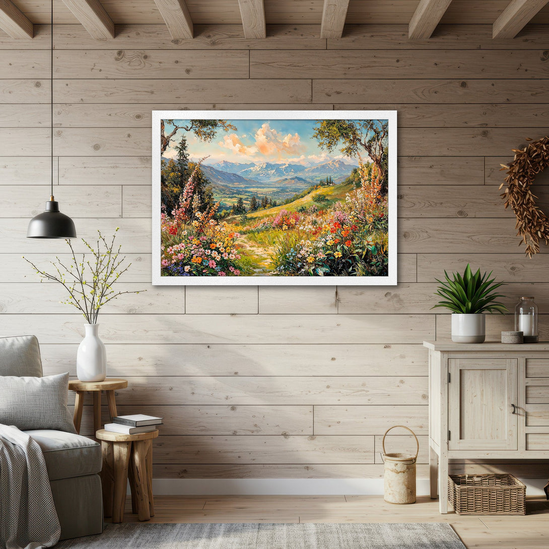 Framed Poster of a vibrant landscape painting with mountains, flowers, and a path. Warm, colorful palette in a rustic style. Perfect wall art!