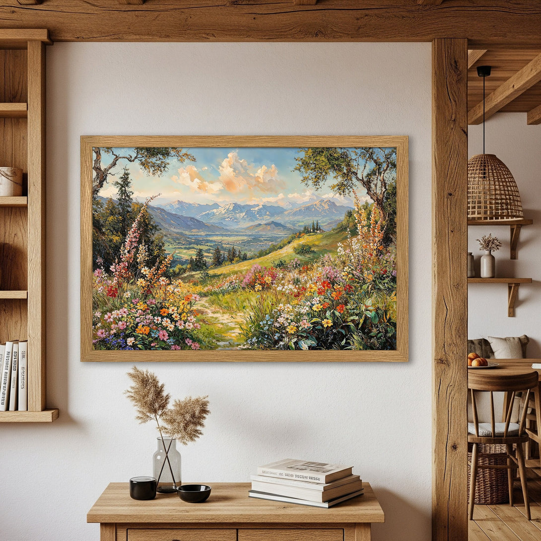 Framed Poster of a vibrant landscape painting with mountains, flowers, and a path. Warm, inviting color palette. Perfect wall art!