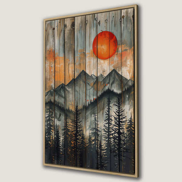 Framed Wall Art: Rustic mountain landscape canvas print with a vibrant orange sunset. Perfect for adding a touch of nature-inspired art to your home decor.