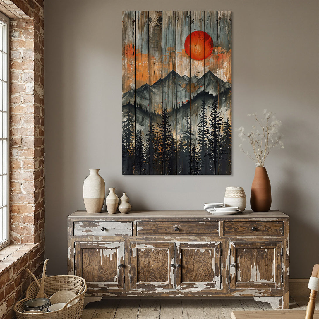 Framed Wall Art featuring a mountain and forest scene in a rustic style with orange, gray, and black tones. Perfect for adding warmth to any space.