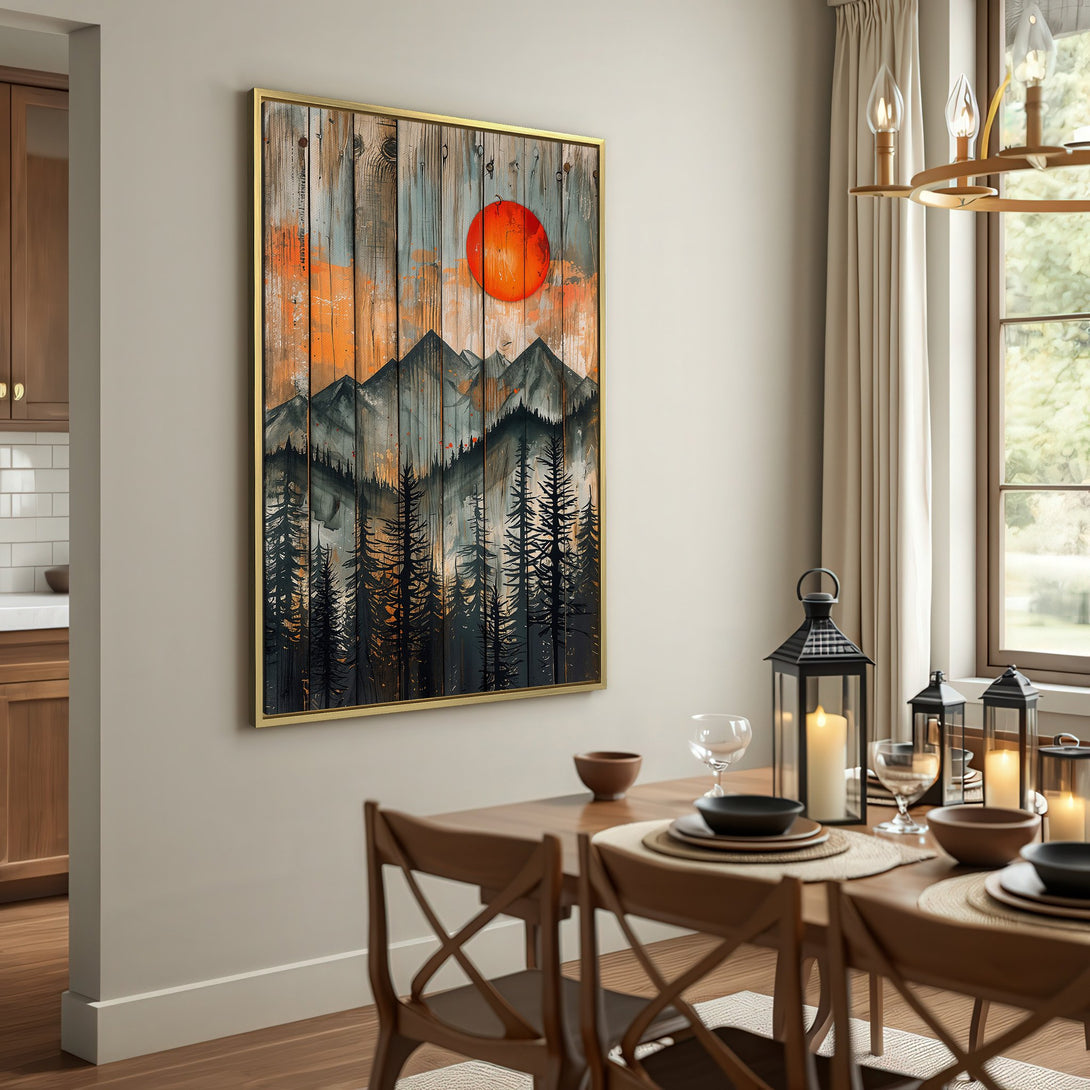 Canvas Print featuring a mountain and forest scene in a rustic style with a warm orange, gray, and black color palette, perfect for home decor.