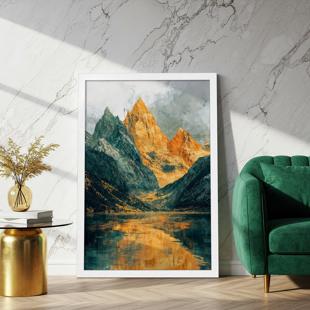 Framed Poster featuring a stunning mountain landscape in watercolor style. Earthy orange and teal color palette, perfect wall art for your home.