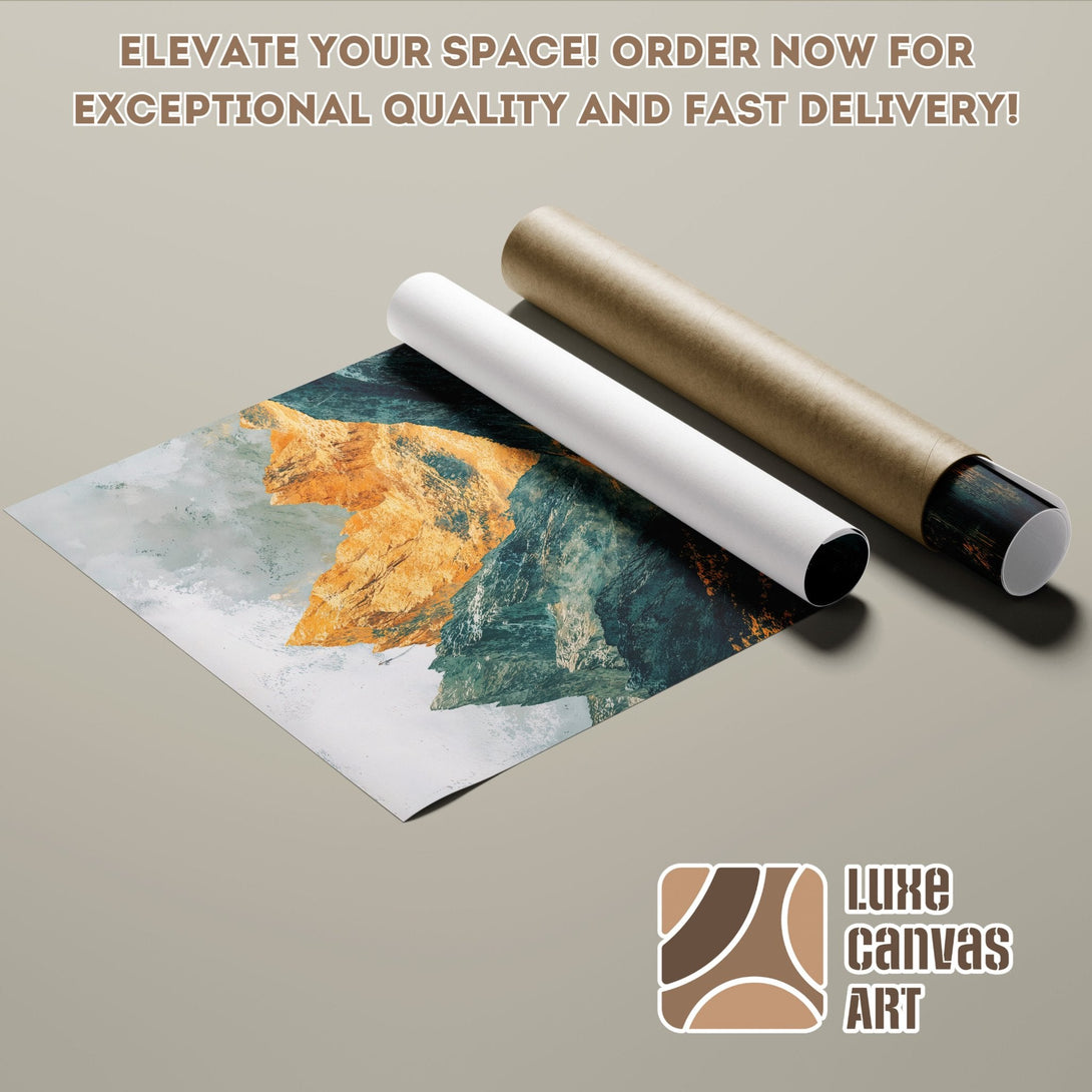 Abstract mountain Poster Roll art in teal, gold, and gray. Elevate your space!