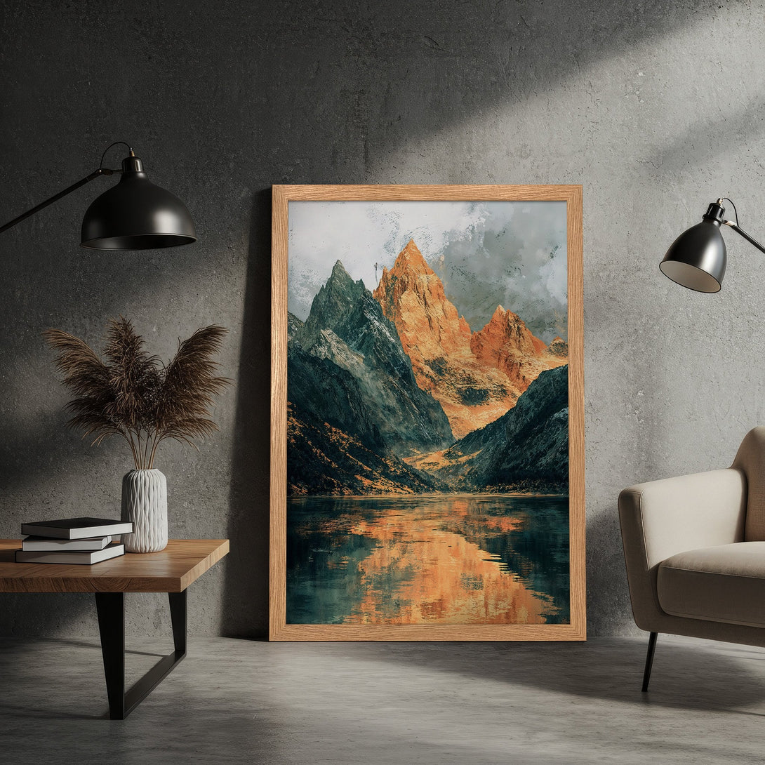 Framed Poster featuring a mountain landscape art print. Earthy tones of orange, green, and blue create a stunning aesthetic. Perfect wall decor!