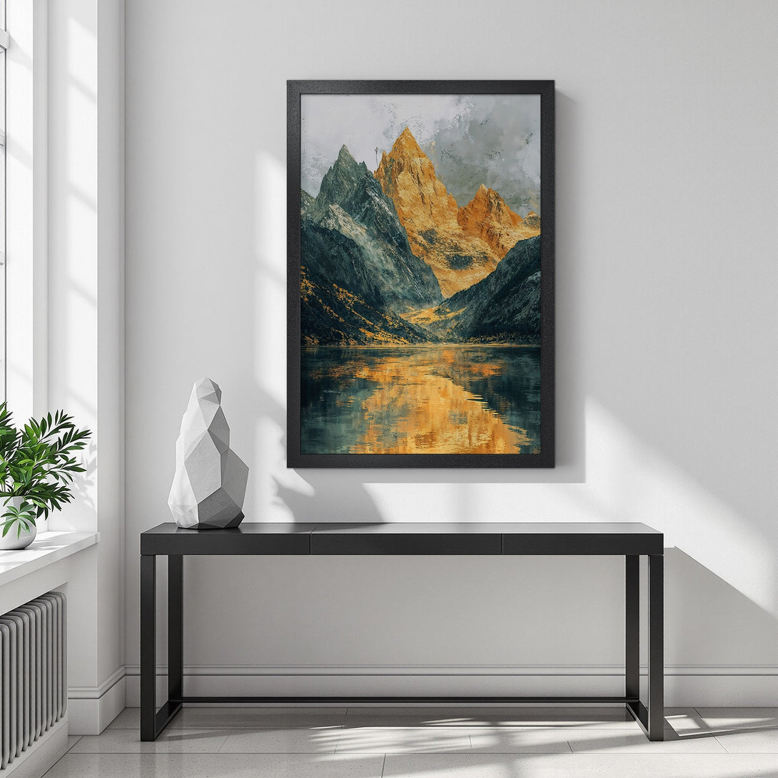 Framed Poster featuring a stunning mountain landscape in warm gold & cool teal tones. Add a touch of nature-inspired art to your home with this beautiful Poster.