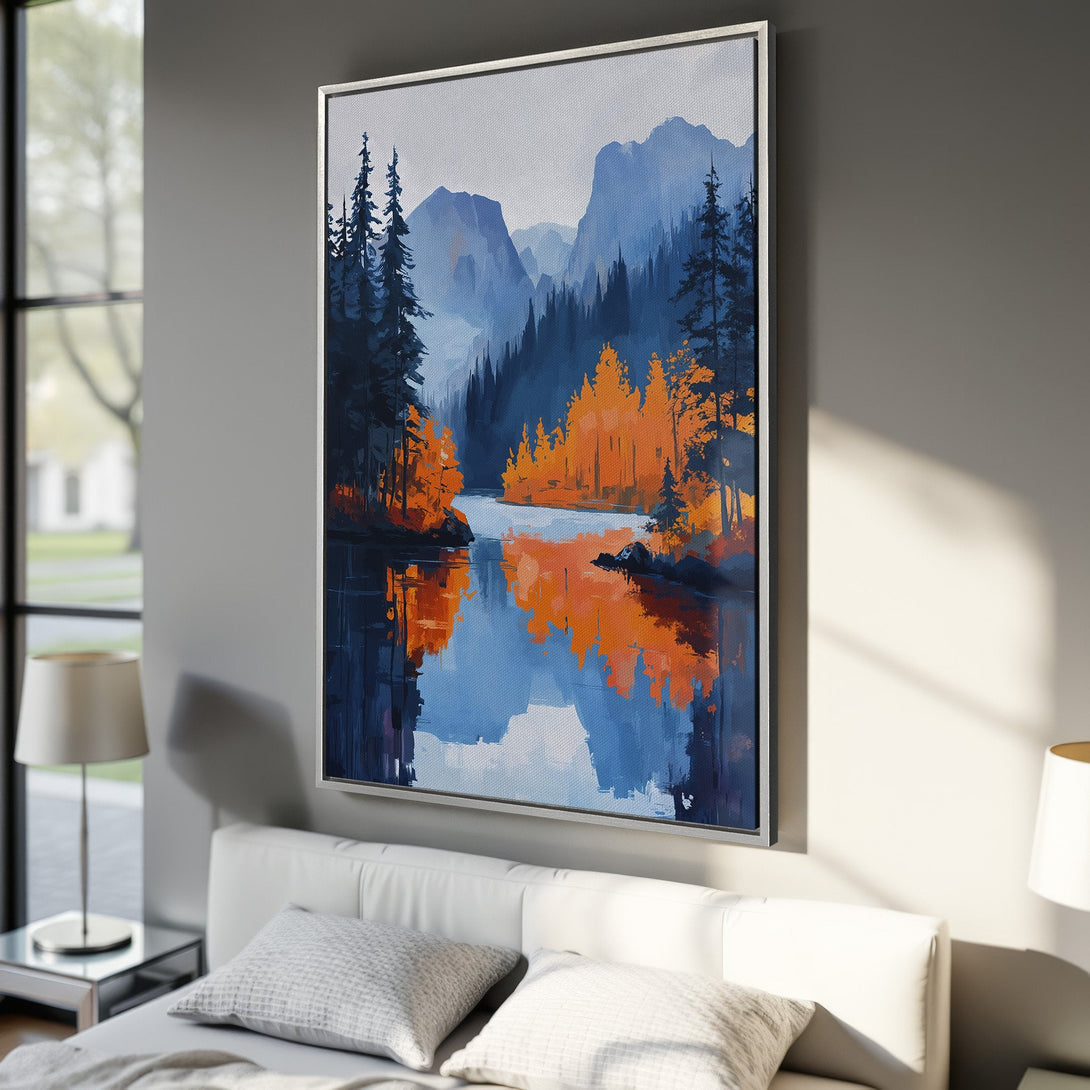 Framed Wall Art: Abstract landscape Canvas Print with blue, orange, and gray tones. Modern art for home decor, featuring a serene lake and mountain scene.