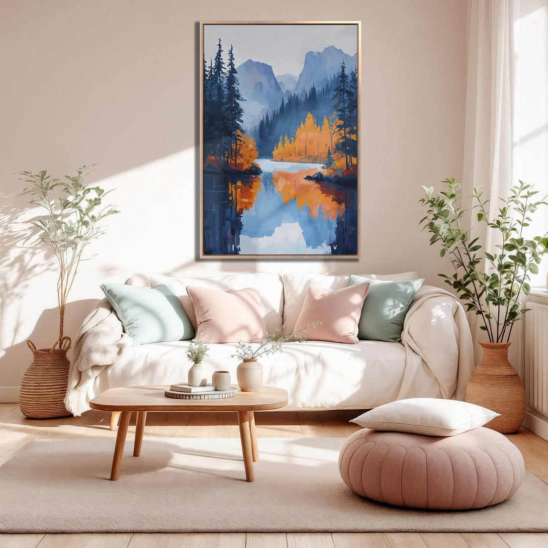 Framed Wall Art: Serene landscape Canvas Print with blues, oranges, and greens. Perfect for adding a touch of nature-inspired art to your living room.