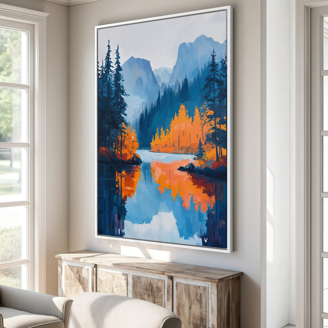 Framed Wall Art: Abstract landscape Canvas Print in blue and orange hues. Modern art for home decor, featuring a serene lake and mountain scene.