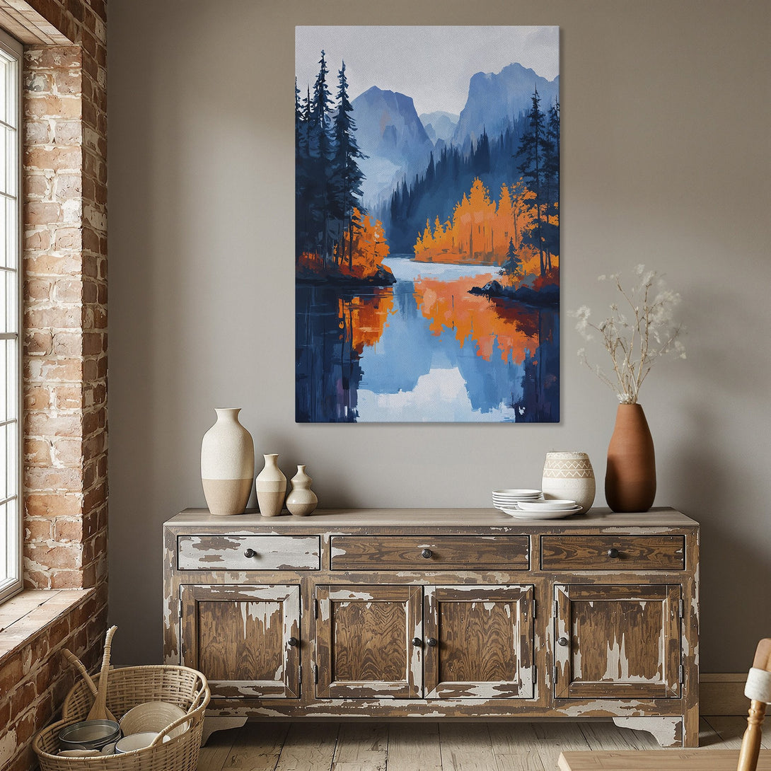 Framed Wall Art: Abstract landscape Canvas Print with blue, orange, and teal color palette. Adds a touch of nature to any dining room.