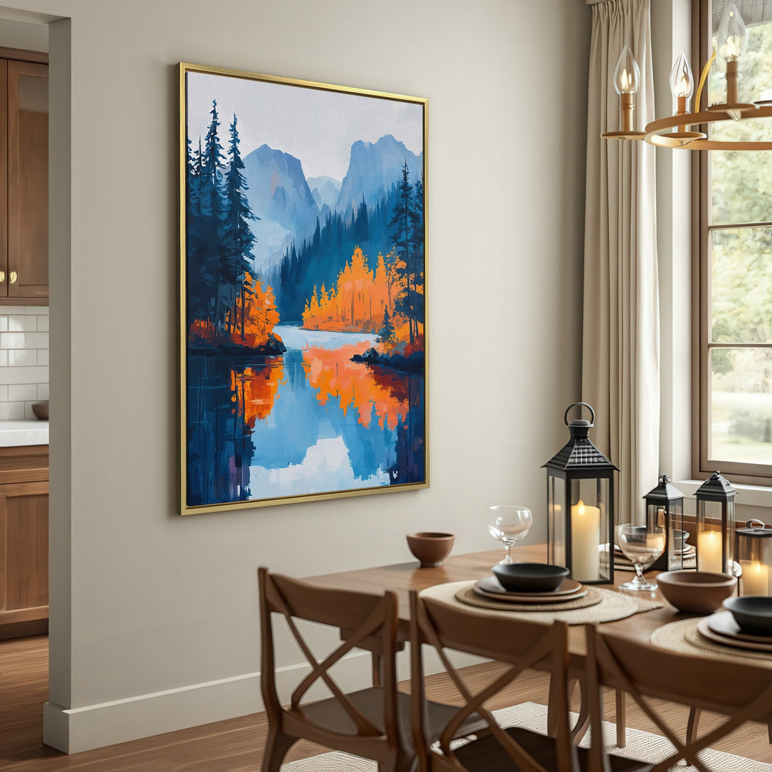 Canvas Print of a serene lake landscape in blue and orange hues, perfect for adding a touch of nature to your home decor.