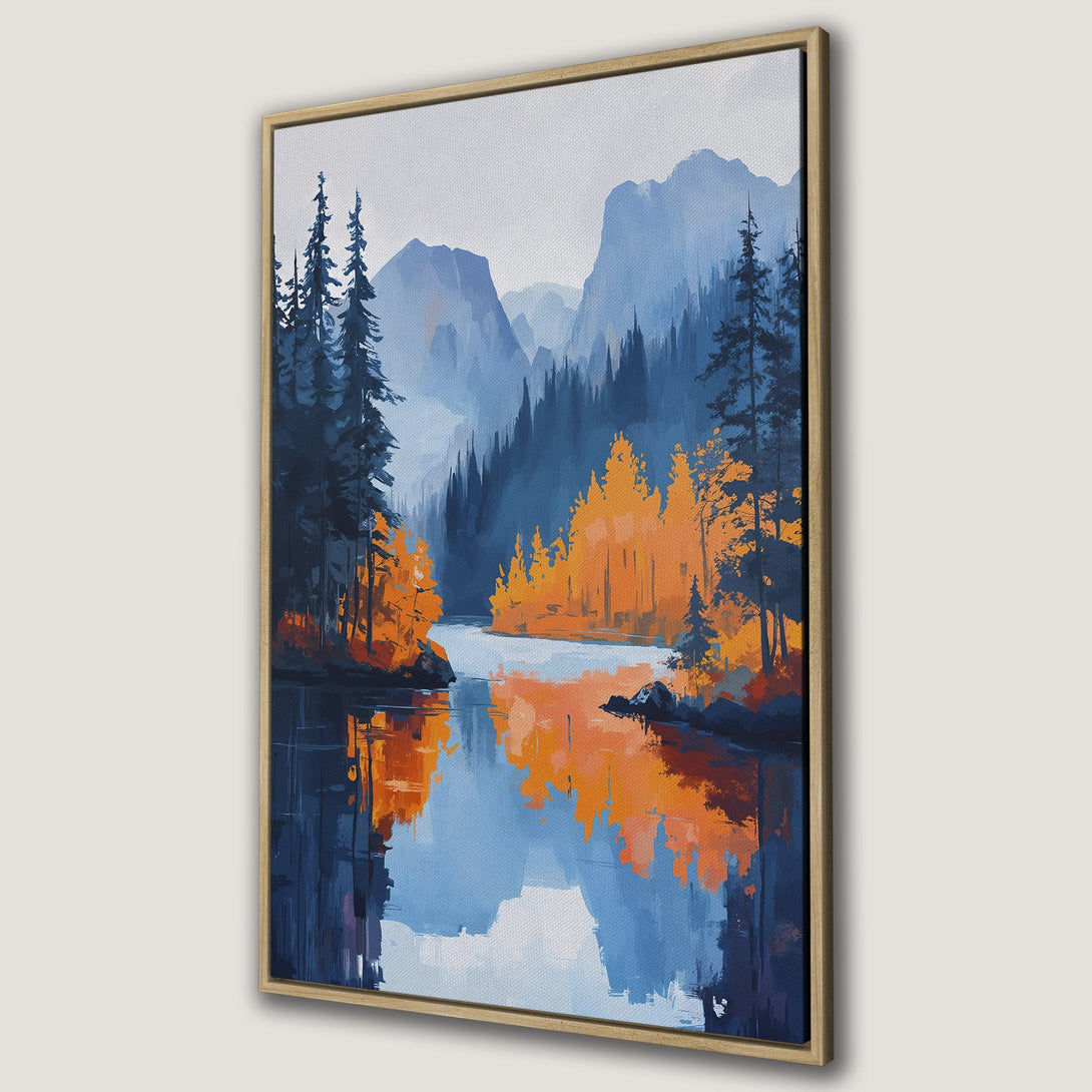Framed Wall Art: Serene landscape Canvas Print with a lake, trees, and mountains in blue and orange hues. Perfect for adding a touch of nature to your home.
