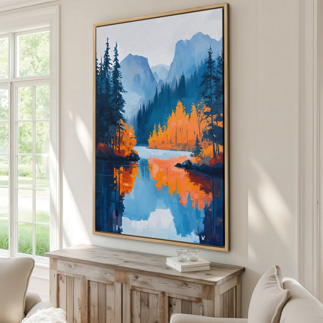 Framed Wall Art: Abstract landscape Canvas Print with vibrant blue and orange hues. Modern art for home decor, featuring a serene lake and mountain scene.