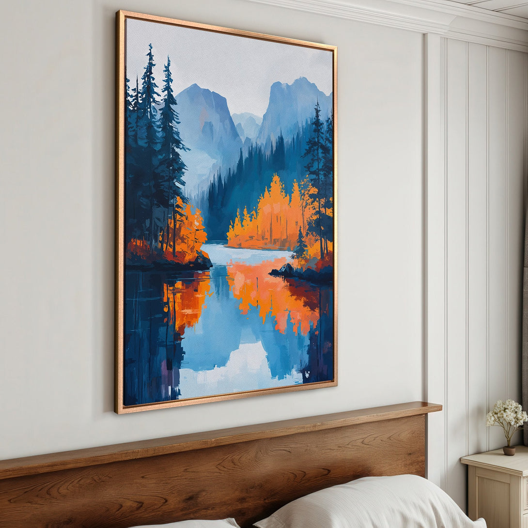 Framed Wall Art: Landscape painting with a forest scene in blue and orange hues. Modern art for your home.
