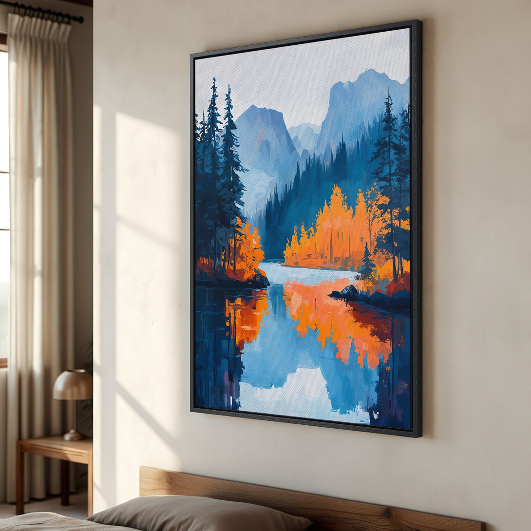 Framed Wall Art: Abstract landscape canvas print with vibrant blue & orange hues. Modern artwork perfect for home decor. Bring nature indoors!