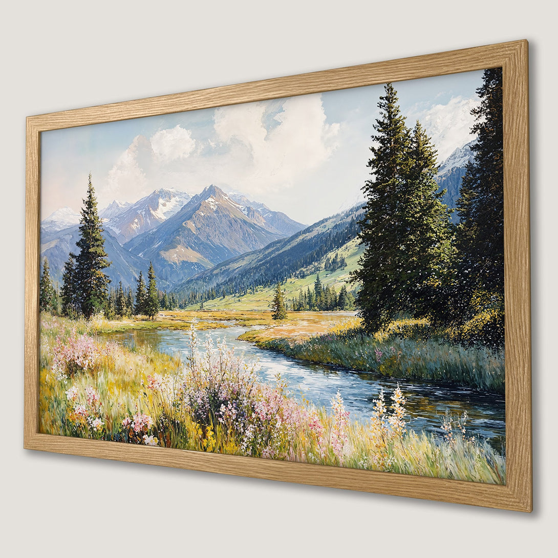 Framed Poster of a serene mountain landscape painting. Features a natural color palette with blues, greens, and yellows. Perfect wall art.