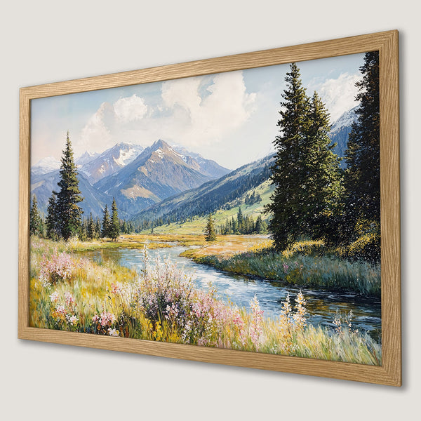 Framed Poster of a serene mountain landscape painting. Features a natural color palette with blues, greens, and yellows. Perfect wall art.