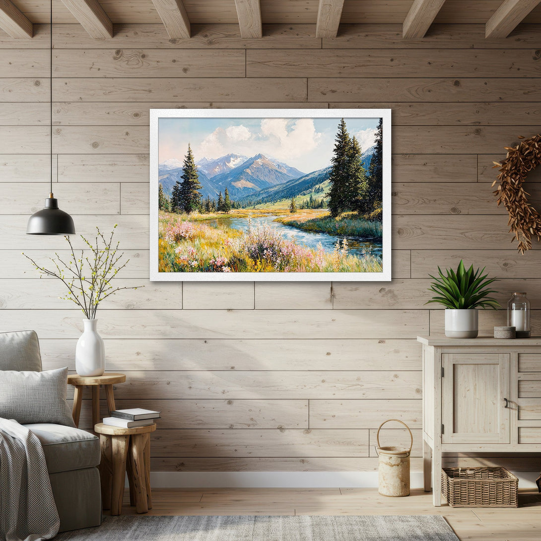 Framed Poster of a mountain landscape painting in a rustic style with a blue, green, and yellow color palette. Perfect wall art for your home.