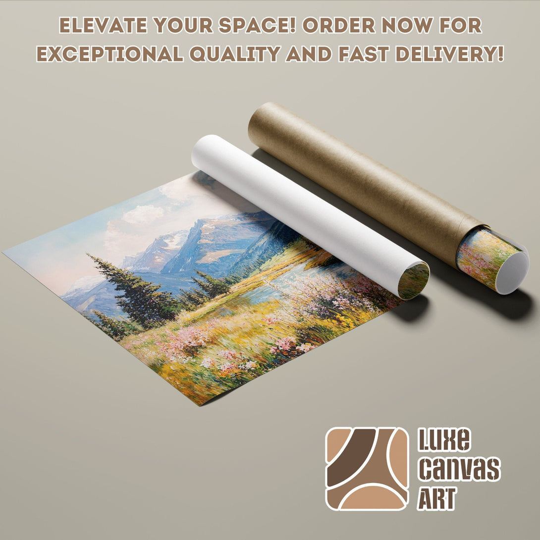 Landscape Poster Roll with mountain scene, impressionist style, blue, green, and yellow palette. Order now!