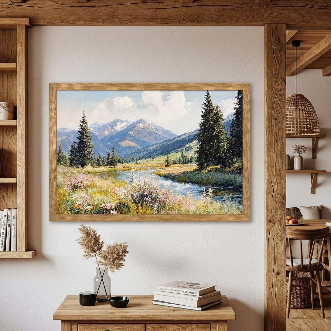 Framed Poster of a mountain landscape painting in a rustic style, featuring a natural color palette. Perfect wall art!
