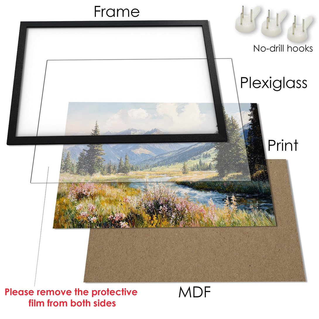 Framed Poster of a serene landscape painting with a vibrant color palette. Perfect art for your home.
