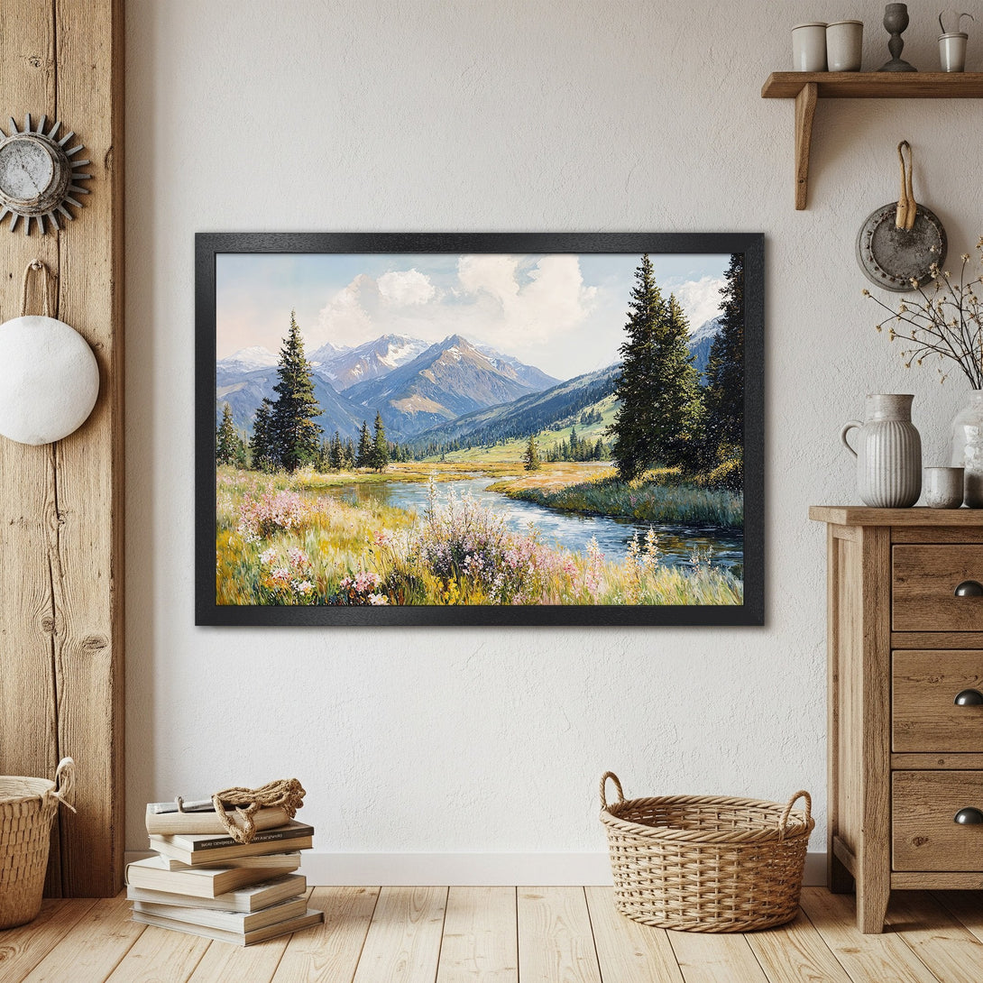 Framed Poster of a mountain landscape painting in a rustic style with blue, green, and yellow hues. Perfect wall art!