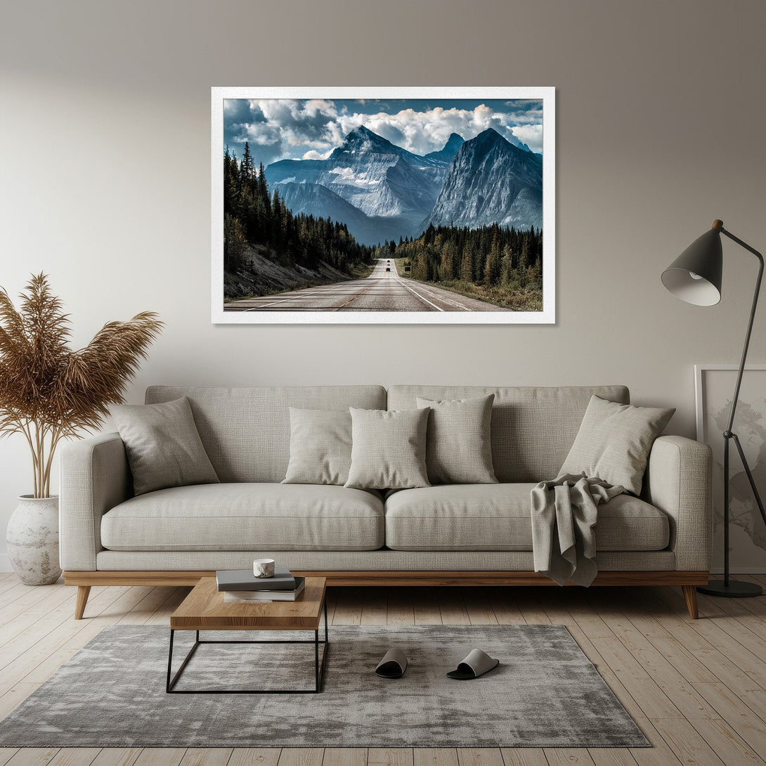 Framed Poster of scenic mountain road. Captivating landscape art in blue, green, and white. Perfect wall decor for any space.