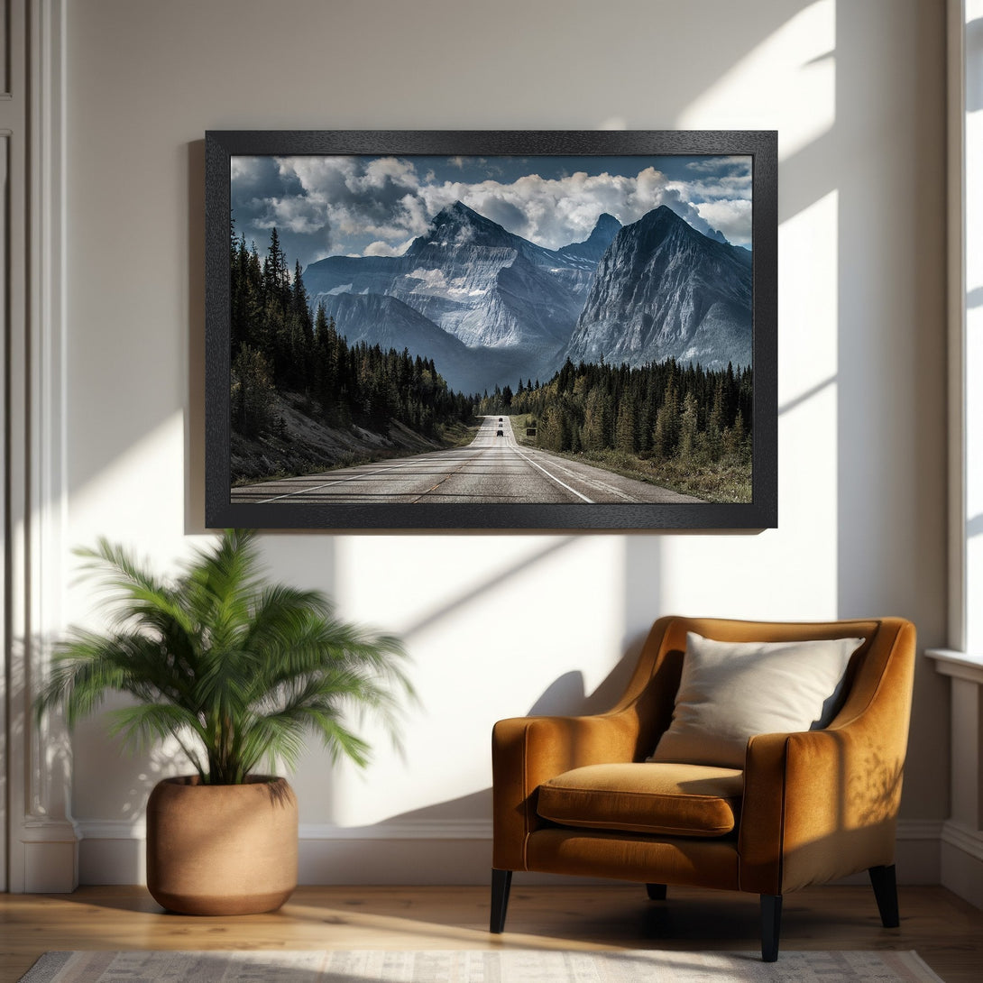Framed Poster of a mountain road landscape. Earthy tones and dramatic style. Perfect wall art for your home.