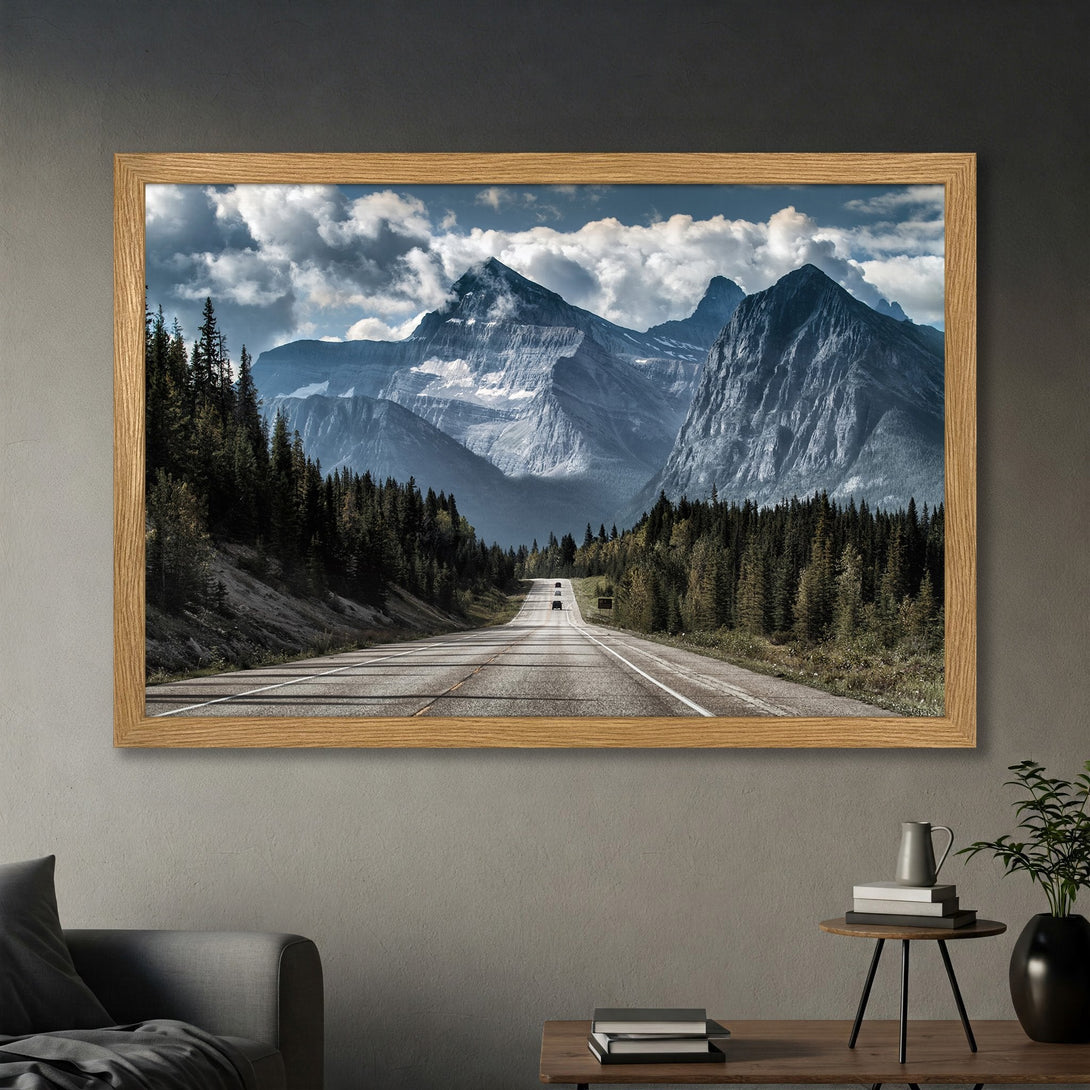 Framed Poster: Mountain road landscape art print in natural tones, perfect wall decor for a modern home. Add a touch of nature with this poster.