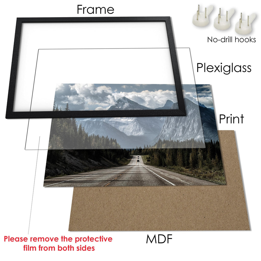 Framed Poster of a scenic mountain road. Landscape art with a neutral color palette. Ready to hang and elevate your space!