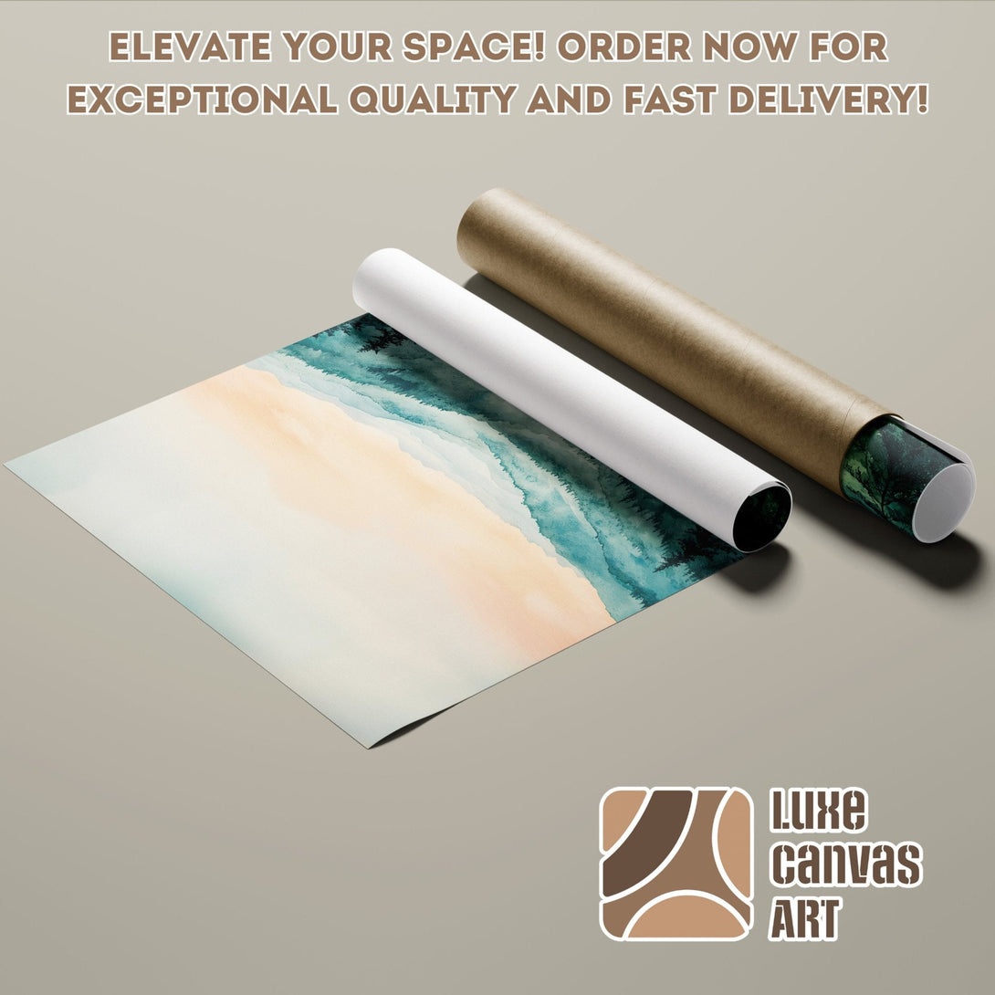 Abstract landscape Poster Roll in watercolor style, teal & beige color palette. Elevate your space!