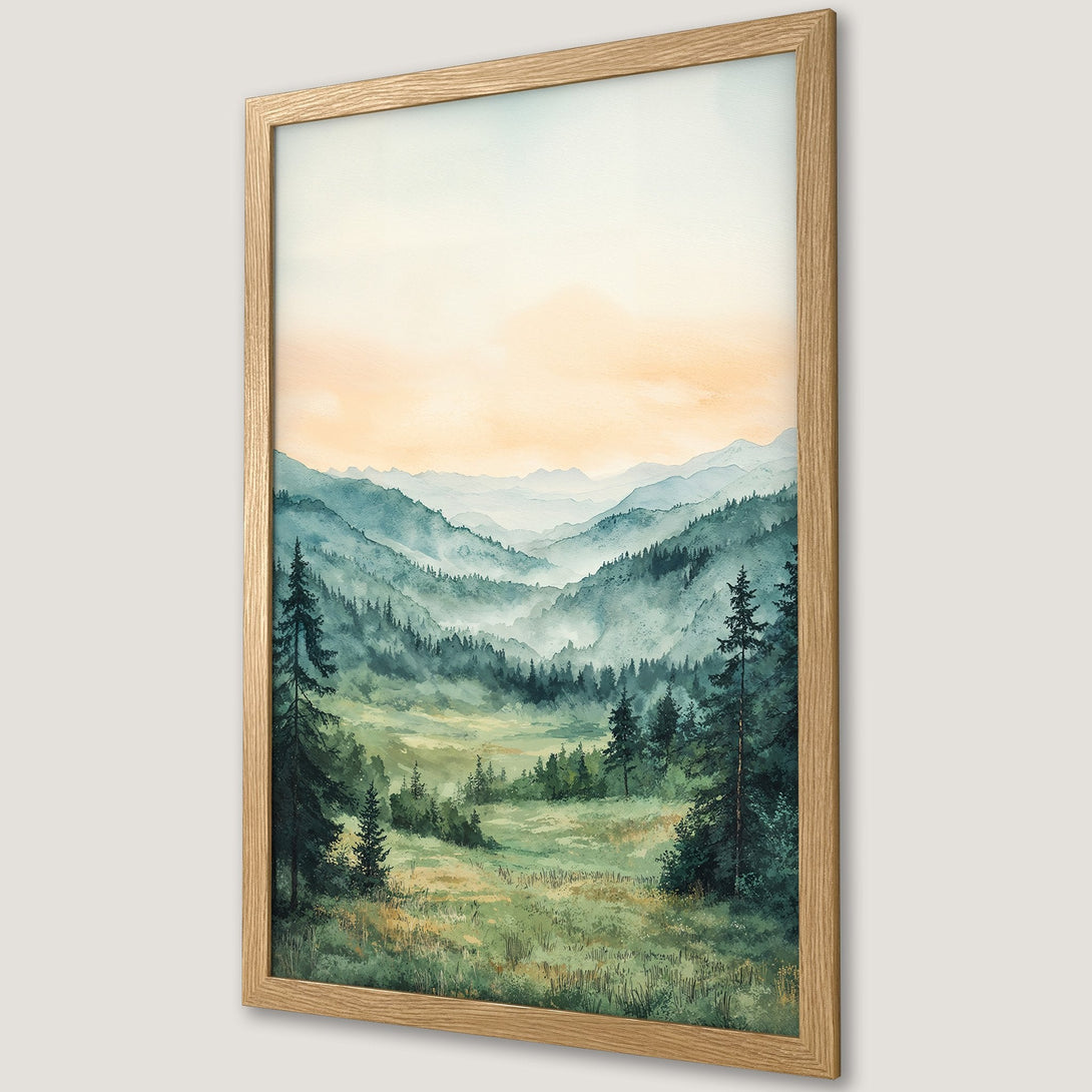 Framed Poster of a serene mountain landscape in watercolor style. Features a green and blue color palette, perfect for nature lovers.