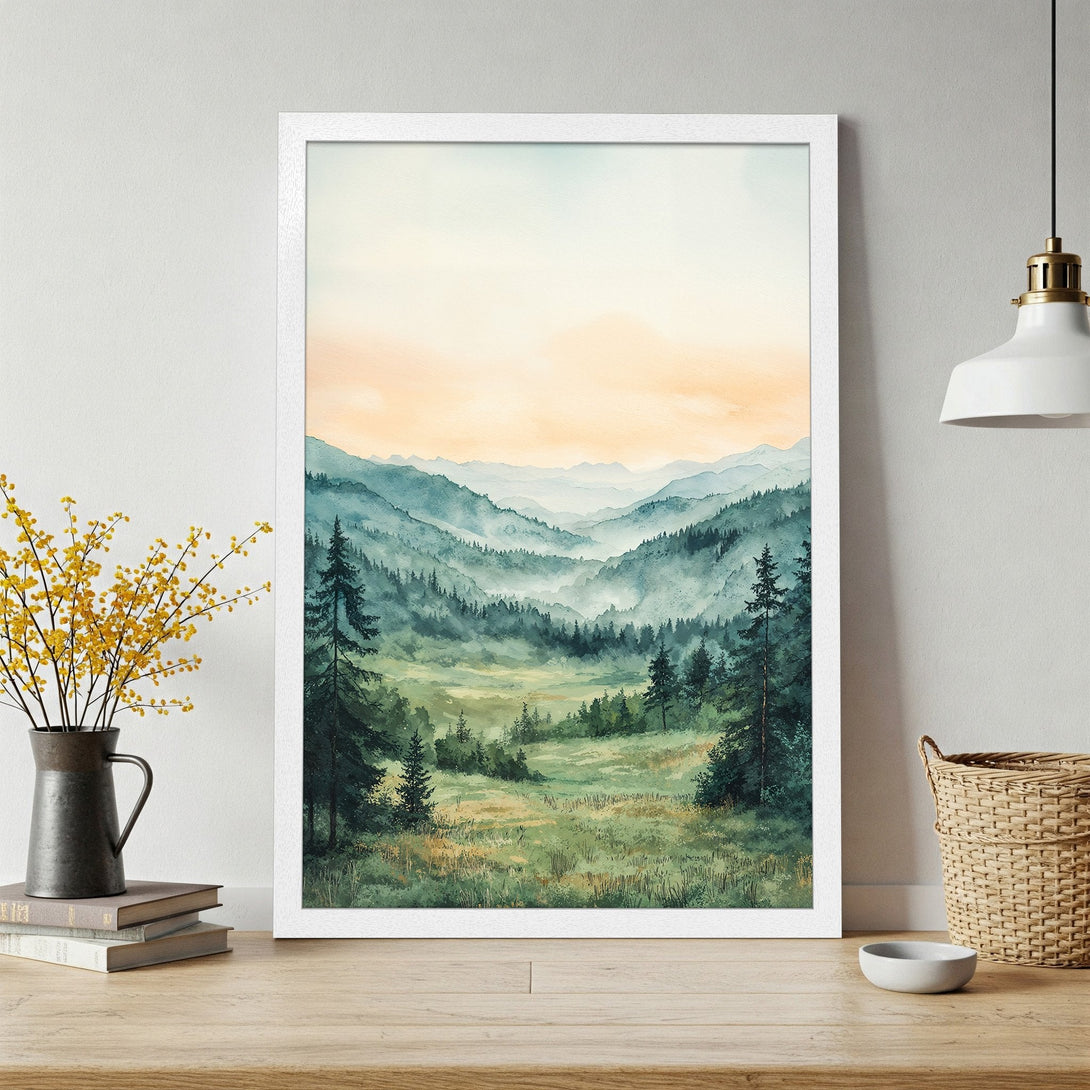 Framed Poster featuring a watercolor landscape of mountains and trees in a calming green and orange palette. Perfect wall art!