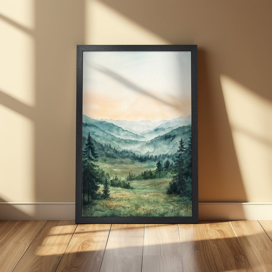 Framed Poster of a serene mountain landscape in watercolor style, featuring green, blue, and yellow hues. Perfect wall art!