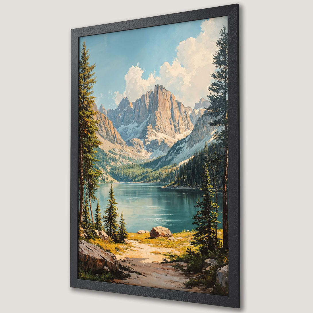 Framed Poster of a stunning mountain lake landscape painting in a warm, natural color palette. Perfect wall art for any home.