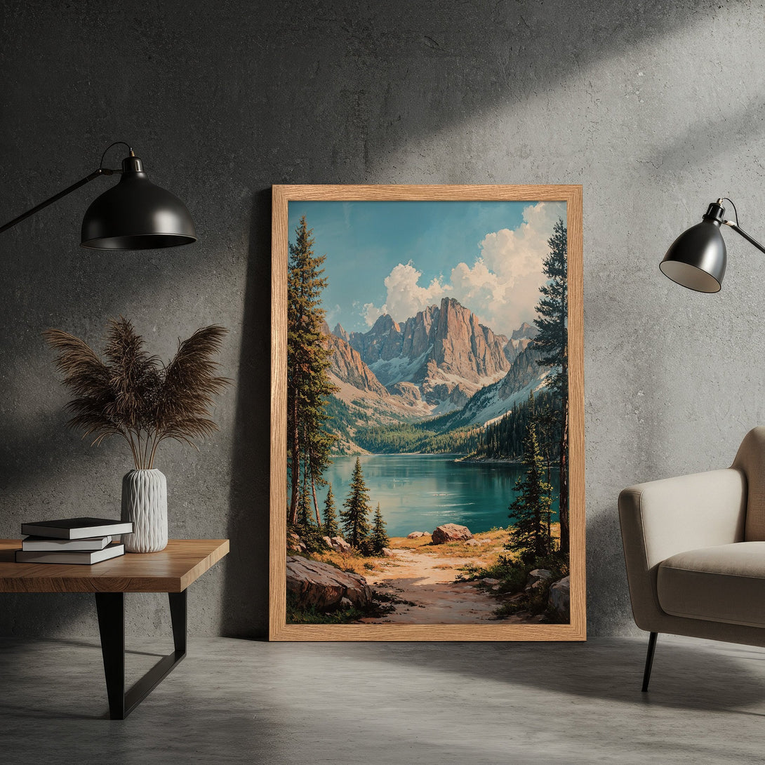 Framed Poster of a serene mountain lake landscape in a warm, natural color palette. Perfect wall art to bring nature's beauty indoors.