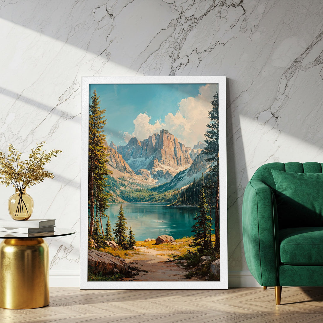 Framed Poster of a serene mountain lake landscape, classic art style, with a calming blue, green, and neutral color palette.