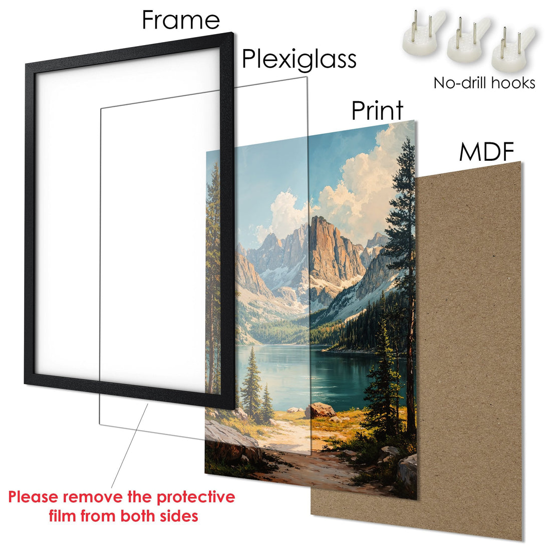 Framed Poster featuring a stunning landscape painting with mountains, lake, and trees. Earthy tones and vibrant blues create a serene, artistic vibe.