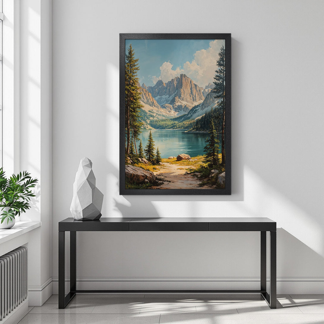 Framed Poster of a serene mountain lake landscape in a vintage style. Earthy tones and blues create a calming aesthetic. Perfect wall art!