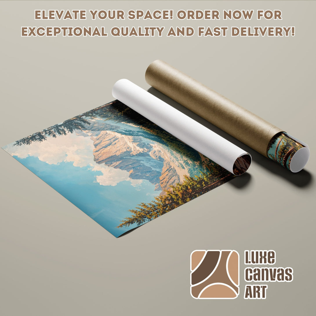 Poster Roll featuring a scenic mountain landscape in blue, green, and brown tones. Elevate your space with this stunning art!