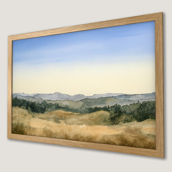 Framed Poster featuring a watercolor landscape of rolling hills and a serene sky, in a calming neutral color palette.