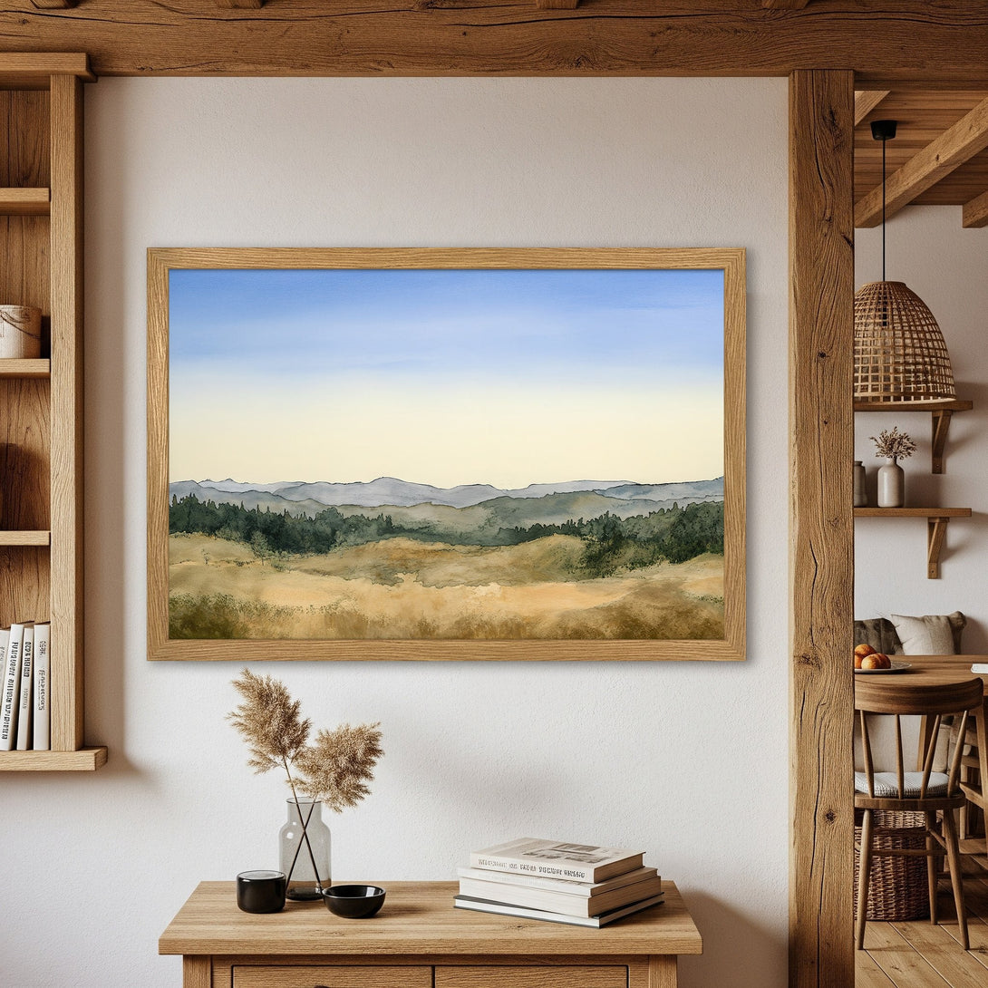 Framed Poster of a serene landscape in watercolor style. Features a soft, muted color palette of blues, greens, and beige. Perfect wall art.