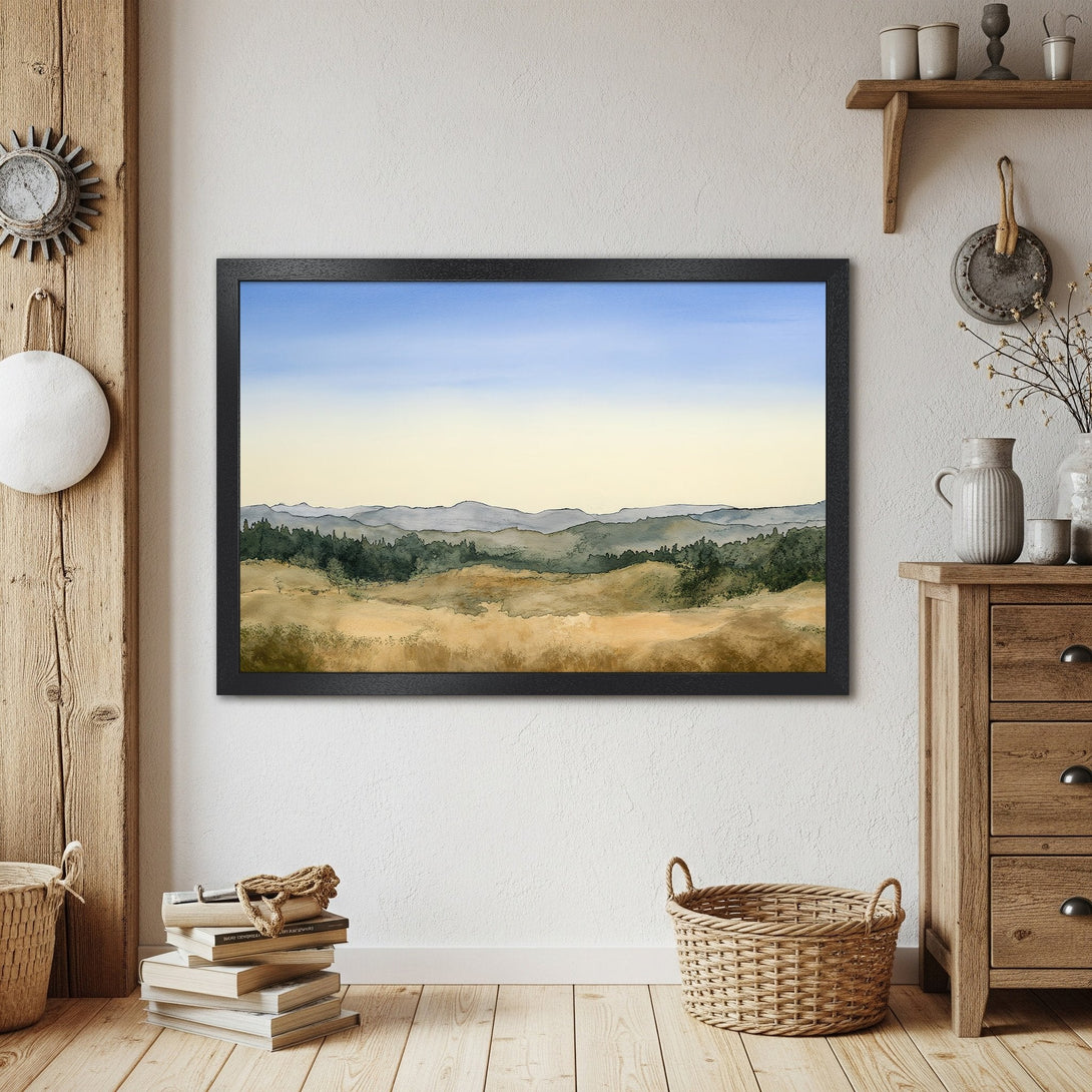 Framed Poster of watercolor landscape art in blue, green, and beige tones. Perfect wall decor.