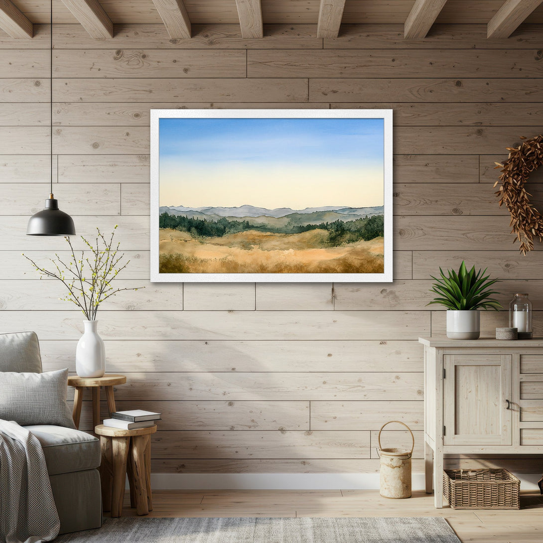 Framed Poster of a watercolor landscape in a calming palette. Perfect wall art for a serene home.