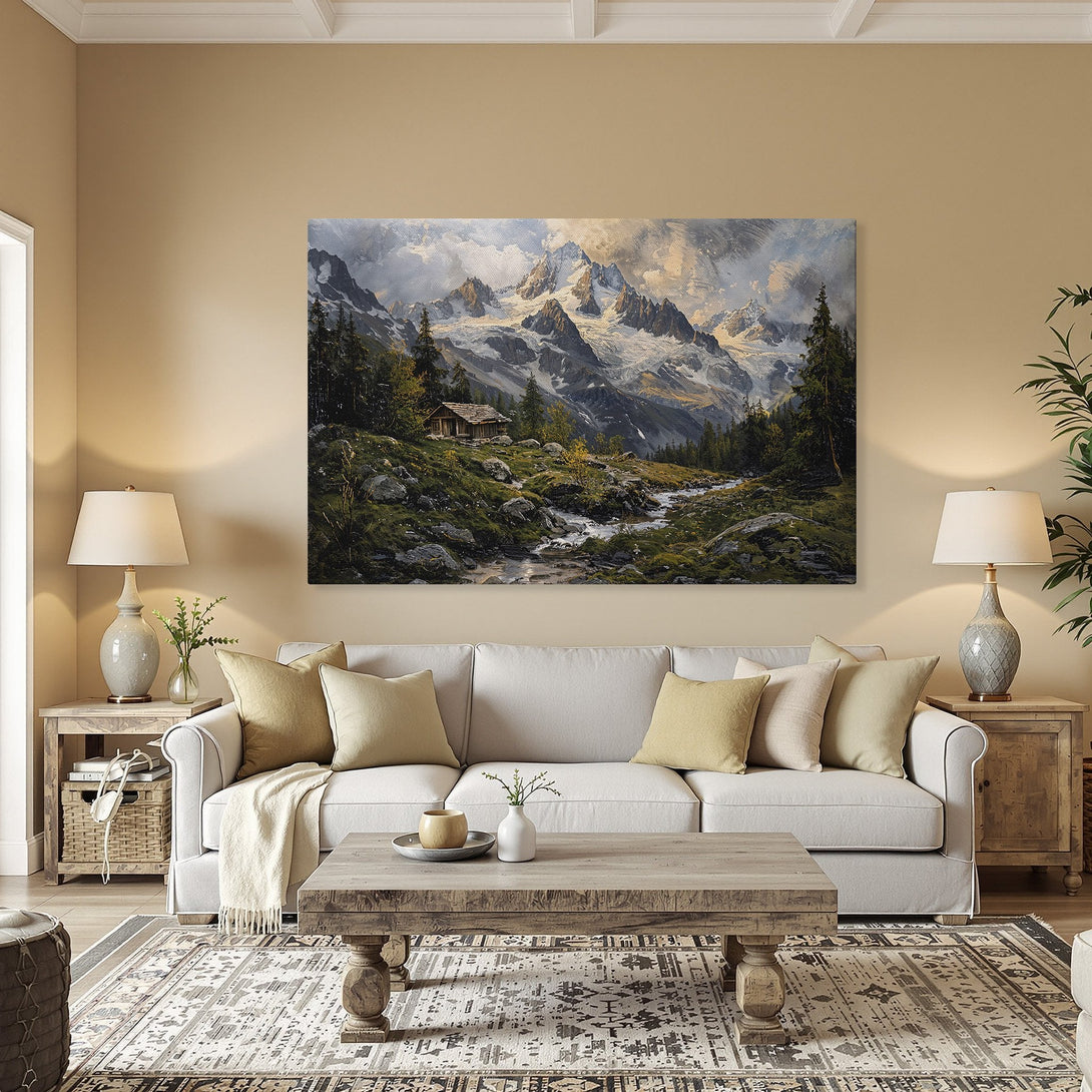 Framed Wall Art: Majestic mountain landscape painting in a classic style with cool blues, greens, and warm gold tones. Perfect for adding elegance to any room.